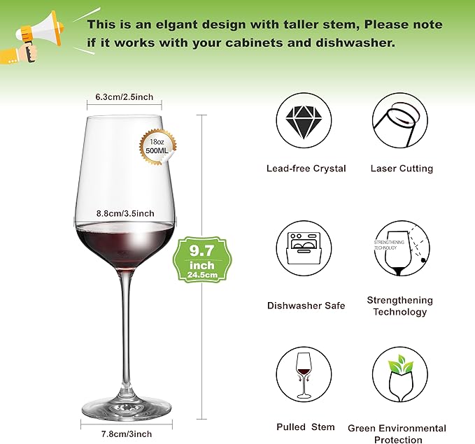 Wine Glasses Set of 6, Crystal Glass with Stem for Drinking Red/White/Cabernet Wine as Gifts Sets, Clear Lead-Free Premium Blown Glassware (19oz,6 pack)