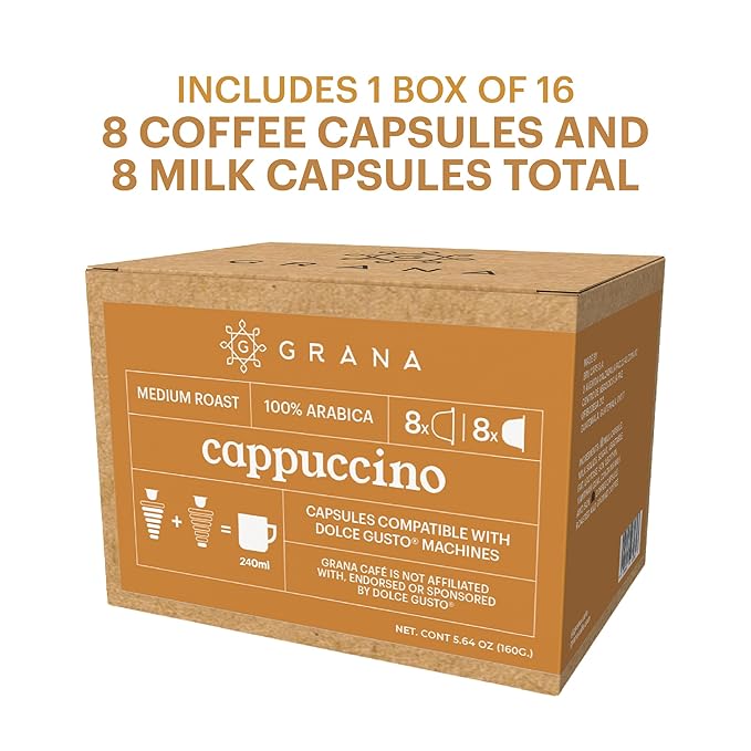 GRANA Cappuccino 16 Capsules Compatible with Nescafe Dolce Gusto - 16 Count - 100% Arabica, Single Source, Clean Coffee Pods