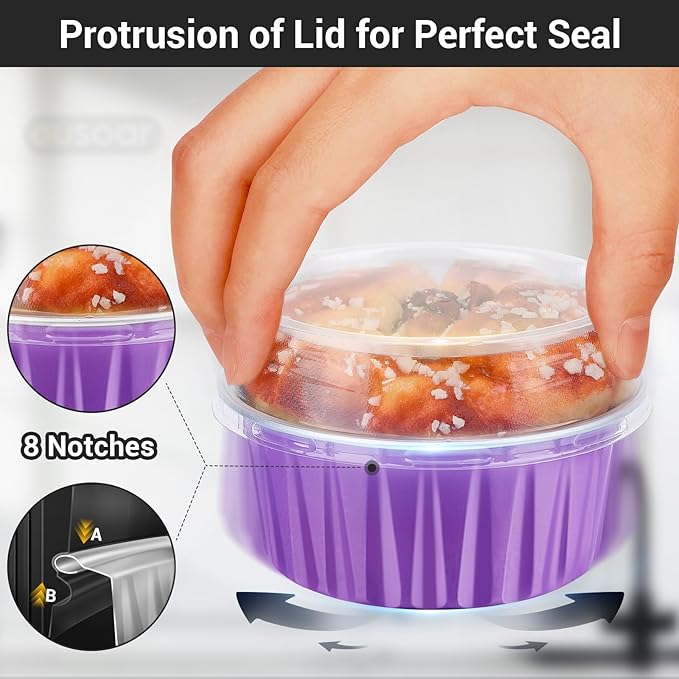 EUSOAR Baking Cups Aluminum Foil, 5oz 50pcs Reusable Cupcake Cups with Lids, 3.34"x2.59"x2.35" 125ml Pie Ramekins, Desserts Flans, Creme Brulee Cups, Pudding Jello Cups, Catering Party Favor-Lavender