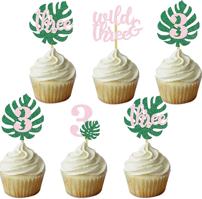 Safari Wild Three Cupcake Topper 3rd Birthday Party Decoration For Girl Jungle Glitter Tropical Leaf Food Picks Pink 3
