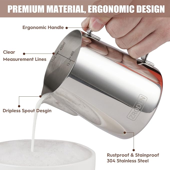 Milk Frothing Pitcher, 15oz 450ml Espresso Steaming Pitchers Stainless Steel Cappuccino Coffee Machine Accessories Barista Tools, Steamer Froth Pitchers Milk Jug Cup with Decorating Pen Latte Art