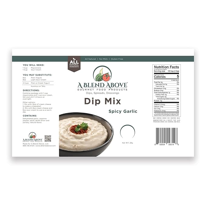 A Blend Above Spicy Garlic Dip Mix, 3 Packs, 1 oz. Each, Makes 16 Ounces, Gluten-Free, No MSG, All Natural, No Preservatives, Vegan Friendly, Keto Friendly, Vegetable Dip, Chip Dip, Low Carb, Easy to Make