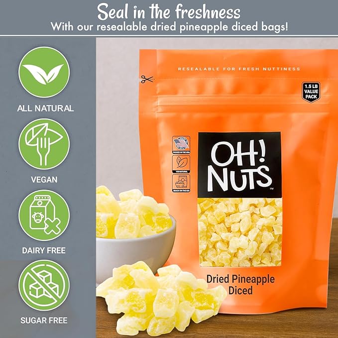 Oh! Nuts Dried Pineapple - 1.5 LB - Dried Fruit Diced - Less Sugar Added - Dehydrated Fruit Bites - Packed in New York Zip-Seal Bag for Exceptional Freshness
