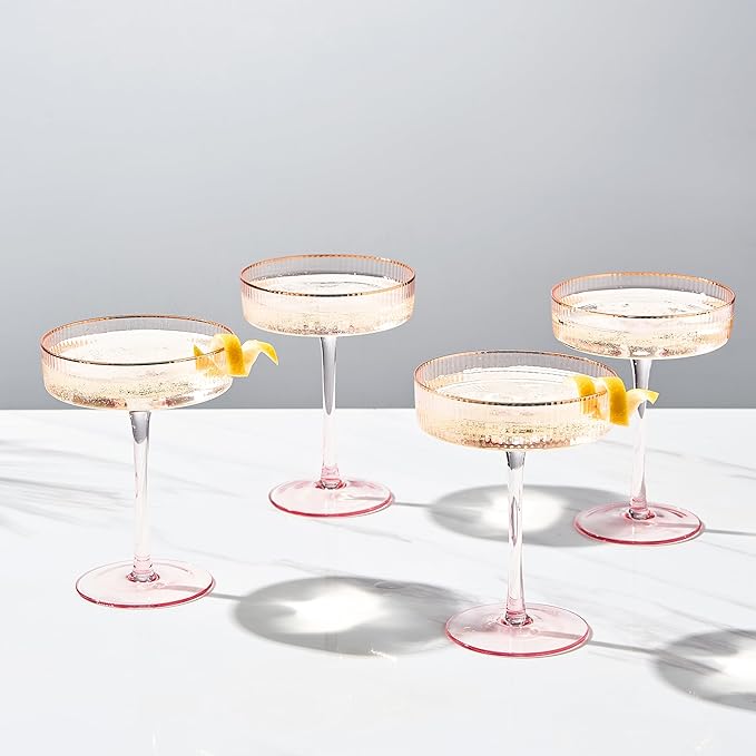Khen Ribbed Vintage Art Deco Coupe Glasses - Martini, Champagne & Cocktail Ribbed Glasses 8oz | Crystal Ripple Goblet Glassware Set, Pink Gilded, 4 Pieces, Housewarming Gift