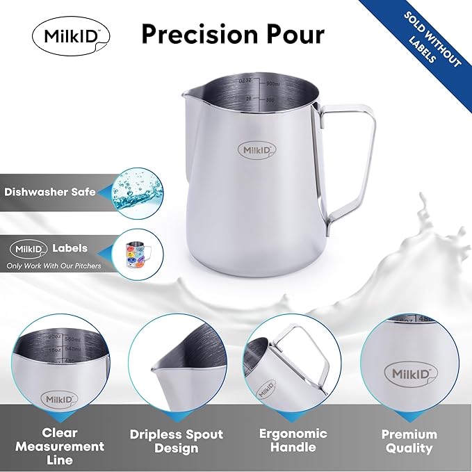 Stainless Steel Milk Frothing Pitcher | Compatible with MilkID Labeling System | Espresso Accessories Kit | Barista Tools | Latte Art Pitcher (32oz / Pitcher Only)
