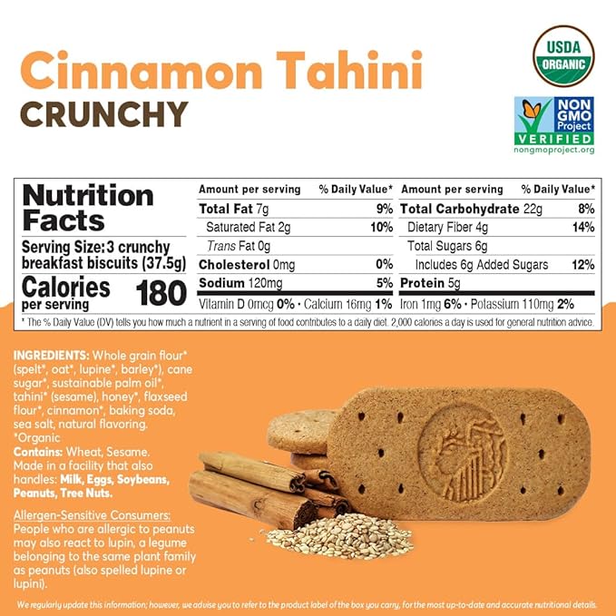 Olyra Breakfast Biscuits Cinnamon Tahini, Kids Healthy Snacks, Low Sugar, High Fiber, Plant-Based Protein Cookies, Organic Breakfast Cookies with Ancient Greek Grains, 24 Packs