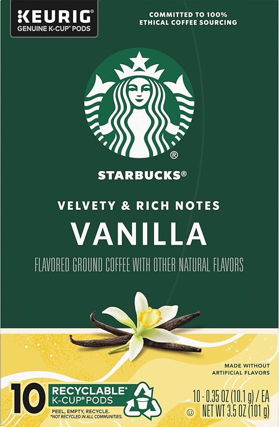 Starbucks Flavored Coffee K-Cup Pods, Vanilla Flavored Coffee, Made without Artificial Flavors, Keurig Genuine K-Cup Pods, 10 CT K-Cups/Box (Pack of 2 Boxes)