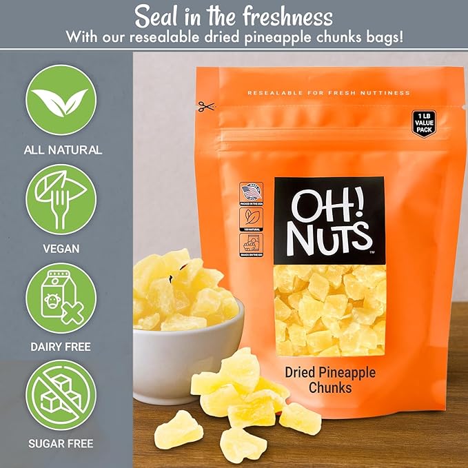 Oh! Nuts Dried Pineapple Chunks - Dried Pineapple - Pineapple Dried Fruit - 1 lb - Dehydrated Fruit with Less Sugar Added