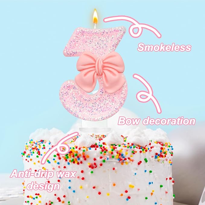 Birthday Cake Candles, Pink Glitter with Bow Cake Candles, Birthday Party Cake Toppers, Cute Birthday Candle Decorations (3)