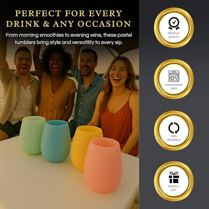 Silicone Wine Glasses – Set of 4 Pastel Colors, 12 oz – Break-Resistant, Flexible & Shatterproof Cups for Wine, Cocktails, or Outdoor Use – Reusable Stemless Glassware