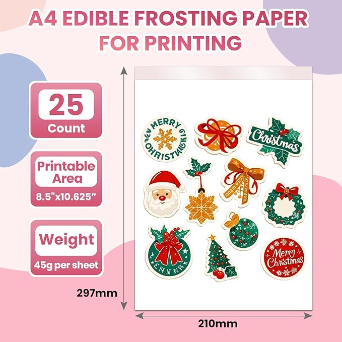 Derzio 25 pcs A4 11.7" x 8.3" Frosting Sheets, Icing Sheets, Edible Paper for Cakes Printable, Sugar Sheets, Cake Edible Sheets, Edible image Paper for Cake Toppers, Cakes, Cookies & Decor