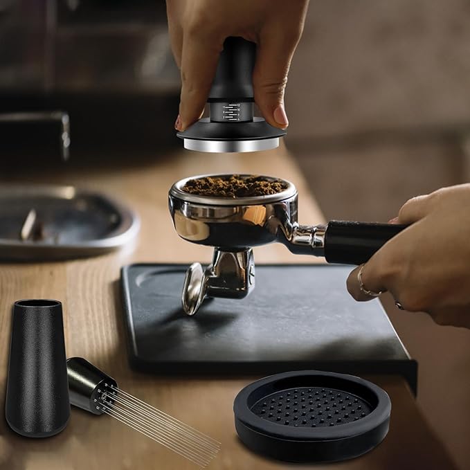 Coffee Espresso Tamper 51mm with WDT Tool Calibrated Spring Loaded, Coffee Tamper with Silicone Tamper Mat,Black Espresso Distribution Tool,Stainless Steel Base Tamper for Espresso Coffee Machine