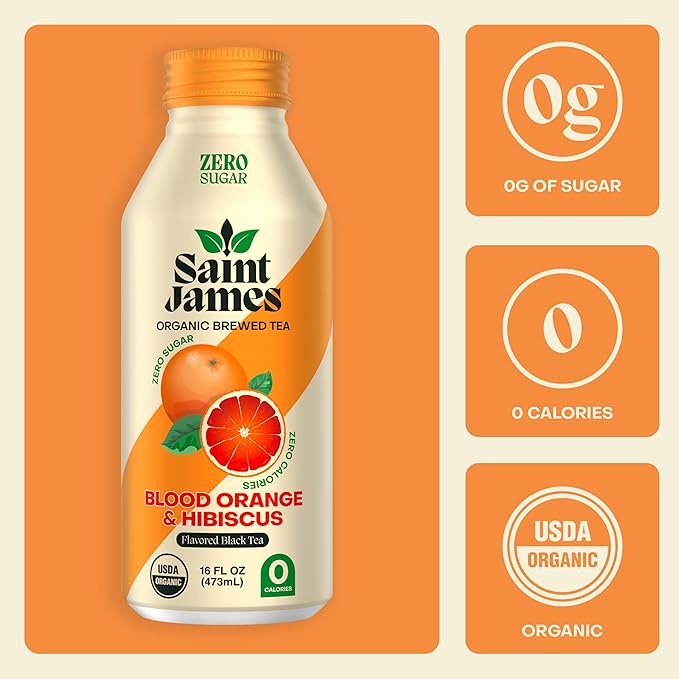 Saint James Iced Tea - Organic Black Tea - Non-GMO, Gluten Free, Zero Calorie, Zero Sugar - Blood Orange, 12 Pack (16 fl oz each)