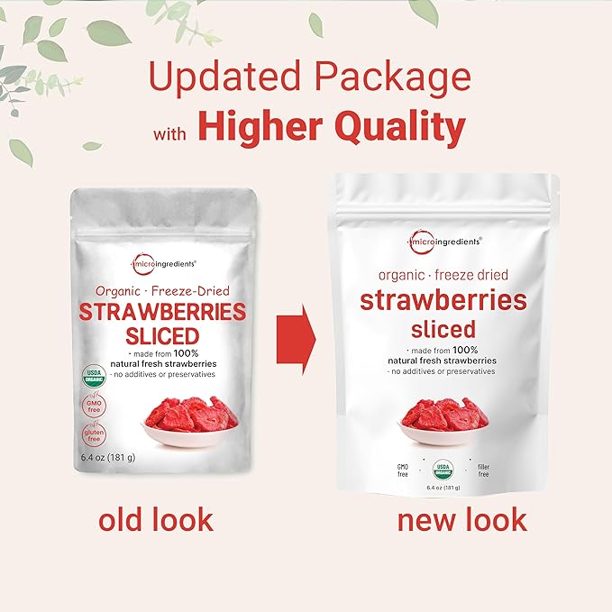 Micro Ingredients Organic Strawberries Sliced, 6.4oz | 100% Natural Fruit | Freeze Dried Strawberry Source | No Sugar & Additives | Healthy Snack & Topping for Beverages or Recipes | Non-GMO, Vegan
