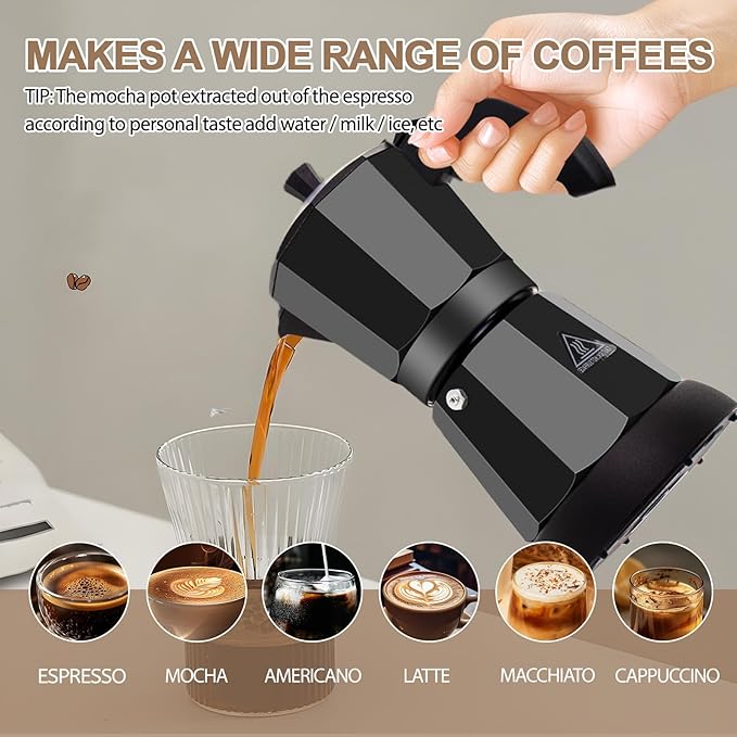 Aluminum Electric Moka Pot 5-6 Cup 270ml Express Coffee Maker Stovetop Espresso Portable Coffeemaker Italian Classic Brewing Greca Cafe Mocha with Removable Base and Overheating Protection Machine