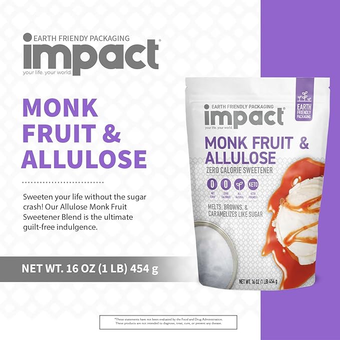 Impact - Monk Fruit Allulose Sweetener, Crystallized Blend Sugar Substitute - Zero Calorie Low-Carb Essential for Low-Carb Recipes - 1lb