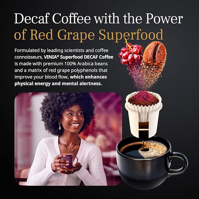 VINIA Blood Flow Energy Coffee DECAF - Medium Roast Superfood Coffee Pods, Swiss Water Process Powered by Red Grape Piceid Resveratrol. K Cup Compatible Coffee Pods, Caffeine Free, 60 Ct