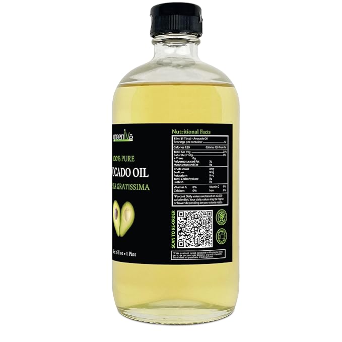 GreenIVe Avocado Oil Naturally Grown 100% Pure Natural without Additives, Clean, Cold Pressed, Non-GMO, Vegan: For Cooking, Frying, Baking and for Sauces, Dressings, Marinades, Salads (16 Fl Oz (GLASS), Avocado)