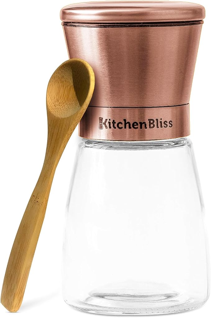 Kitchen Bliss Premium Copper Stainless Steel Salt and Pepper Grinder Set - Short Glass Shakers - Adjustable Coarseness Mills - Refillable with Himalayan Salt, Black Peppercorn - Set of 2