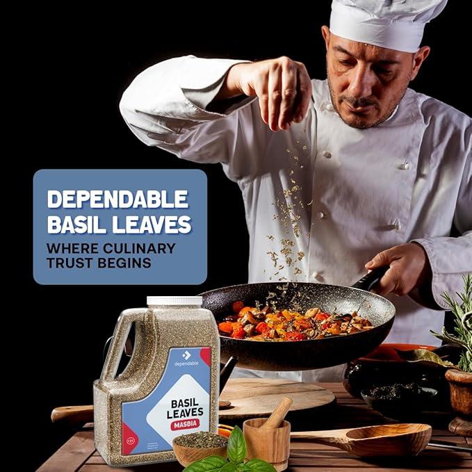 Dependable Food Basil Leaves -1.5 Lb. Jar- Bulk, Kosher, Dried Basil Seasoning for Pasta Sauces, Pesto, Salads, Garnishes & More - Natural, Non-GMO Thai Basil Spice