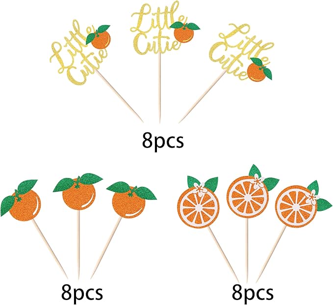 24 Pack Little Cutie Cupcake Toppers Glitter Orange Cupcake Picks for Citrus Theme Baby Shower Kids Birthday Party Tangerine Clementine Fruit Party Cake Decorations Supplies