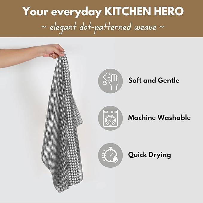 Native Fab 4 Pack Dotted Pattern Kitchen Dish Towels Cotton Super Absorbent Quick Drying Reusable 18x26 Inches - Bar Hand Towels, Kitchen Cleaning Towels with Hanging Loop, Grey