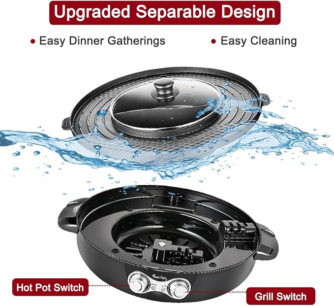 Food Party DUO Electric Smokeless Grill and Hot Pot, With Separable Cooking Plate, Deluxe Combo of 1 Recipe Book, 1 Tong, 1 Oil Brush, 1 Pack of Parchment Paper, for Hotpot KBBQ, Barbecue & Grill
