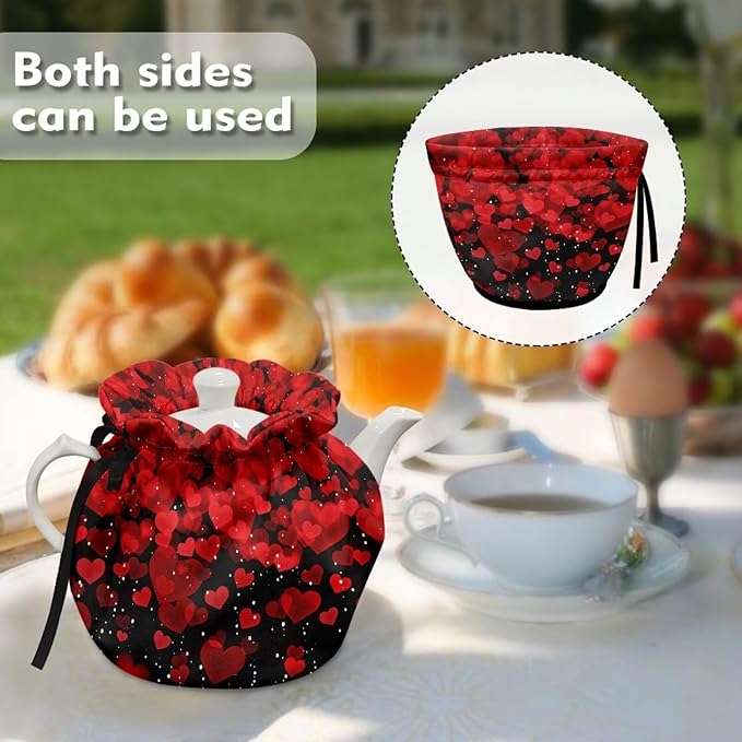 Red Glitter Love Heart Print Tea Pot Cozies Double-Sided Valentine Drawstring Teapot Dust Cover Insulation Warmth Breakfast Pot Holder Washable Reusable Table Decoration