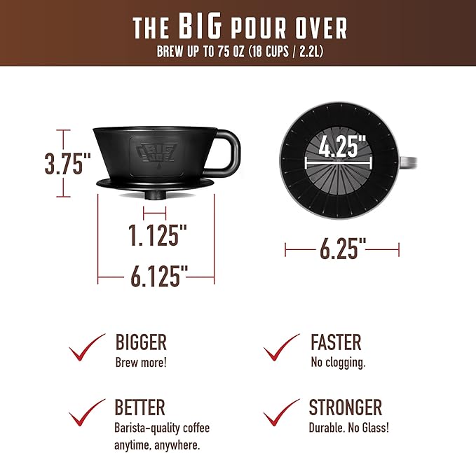 Big Joe짰 Large Pour Over Coffee Maker w/ 50 Filters, Brews from 12 up to 75 Ounces, Fits Any Drinkware, Dishwasher Safe, Made in USA