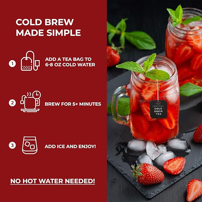 Life Plus Style Gourmet TEA CENTRAL Strawberry Iced Tea with Organic Ceylon Green Tea Natural Refreshing Cold Brew Everyday Wellness Sweet Strawberry Iced Drink 25 Tea Bags