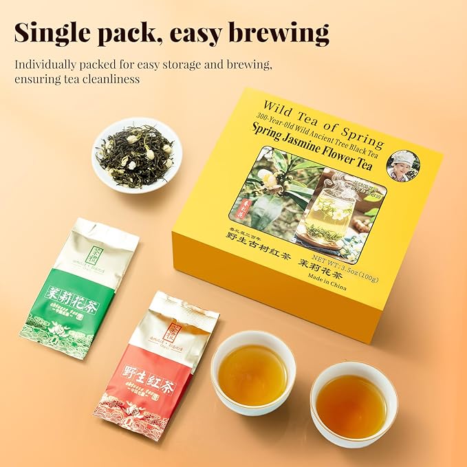 The Spring Tea Premium Grade Ancient Tree Black Tea & Jasmine Tea From Wild 300+ Year Old Tree, Loose Leaf with Dual Tea Collection, Just harvested in Spring 2025, Exquisite, Handpicked, Gift Package, 3.5oz/100g