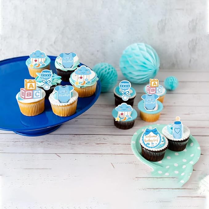 60 PCS Edible Oh Baby Cupcake Toppers Pacifier Cloud Moon Star Welcome Baby Boy Cupcake Picks Edible Baby Shower It's a Boy Cake Decorations for Baby Shower Boys Birthday Party Supplies Blue