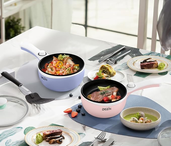Dezin Hot Pot Electric Upgraded, Non-Stick Saut챕 Pan, Rapid Noodles Electric Pot, 1.5L Mini Portable Hot Pot for Steak, Egg, Fried Rice, Ramen, Oatmeal, Soup with Power Adjustment