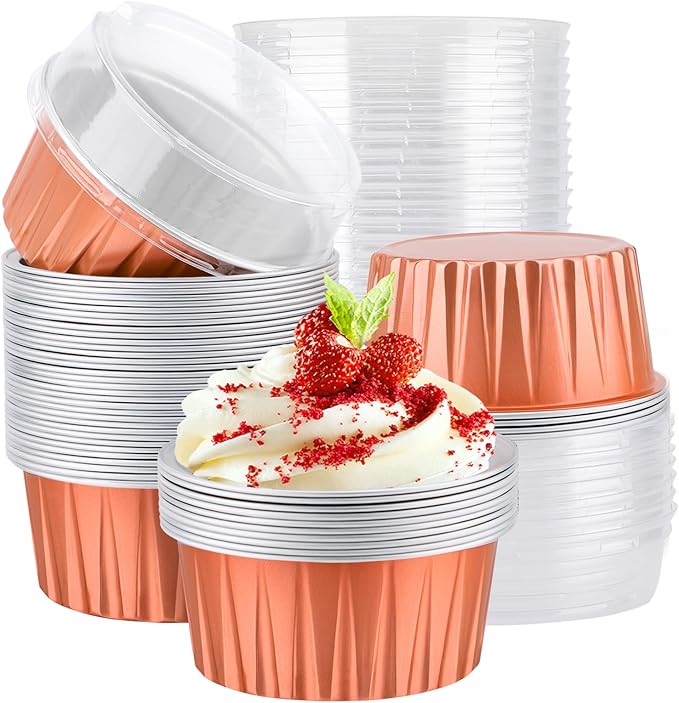 EUSOAR Cupcake Liners, 30pcs 5oz Aluminum Foil Loaf Pan with Lids Dessert Containers, Mini Disposable Dessert Cups Custard Flan Molds Muffin Liners Baking Creme Brulee Ramekins for Oven Baking-Orange