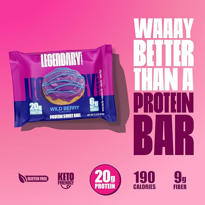 Legendary Foods 20g Protein Wild Berry Sweet Roll - Premium High Protien Bars, Low Carb Meal Replacement Snack, Low Glycemic Index, Gluten Free Snacks - Zero Sugar, Keto and Diabetic Friendly 10-Pack