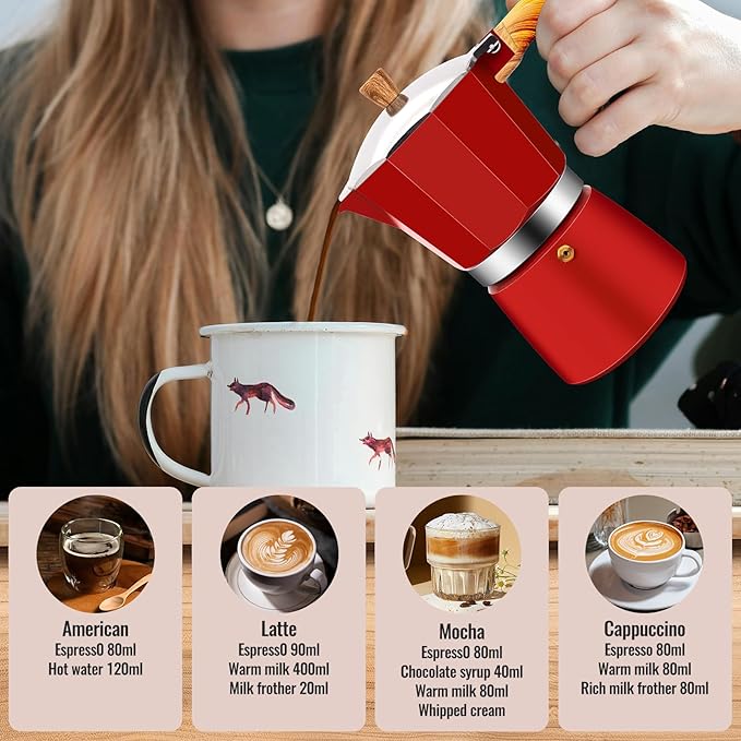 9 Cup Aluminum Moka Pot Classic Stovetop Espresso Coffee Maker 450ml 15oz Coffeemaker Percolator Mocha Pot Greca Coffee Maker Cafe Makers for Italian and Cuban Cafì±?Brewing Red