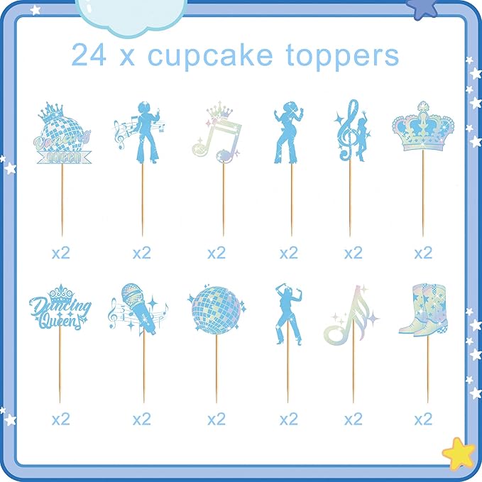 24Pcs Dance Queen Cupcake Toppers, Blue Disco Ball & Music Note Cupcake Decorations, Girl's 17th Birthday Party Supplies, Vintage Disco Theme