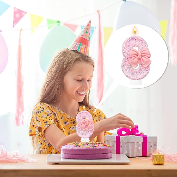 Birthday Cake Candles, Pink Glitter with Bow Cake Candles, Birthday Party Cake Toppers, Cute Birthday Candle Decorations (8)
