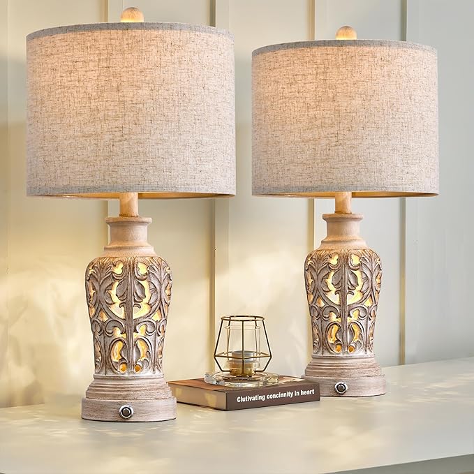 OYEARS 21.75’’Touch Control 3-Way Dimmable Table Lamp Set of 2, Retro Farmhouse Lamp with USB A+C Port, Vintage Nightlight Lamp for Living Room Bedroom Office, (Including 2 Bulbs)