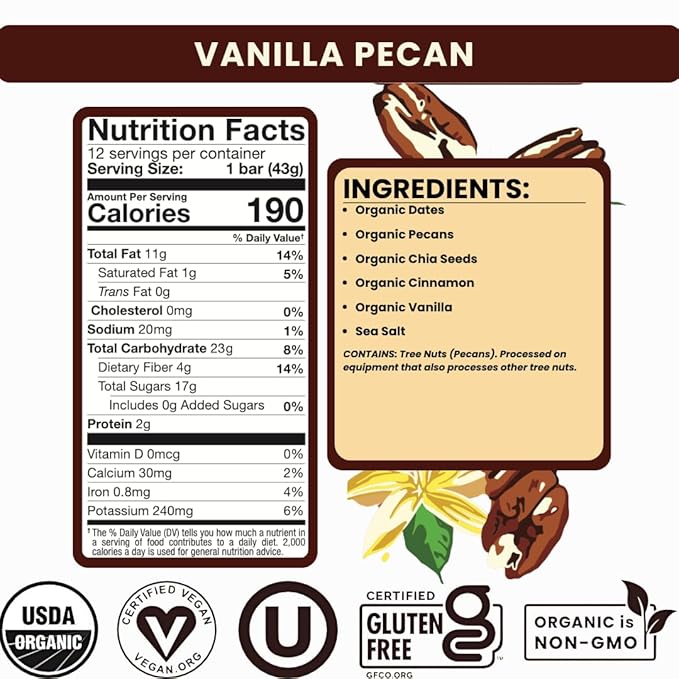 Bearded Brothers Organic Vegan Protein Energy Bars - Gluten Free, Paleo, Fiber, Whole 30 | Non GMO, Soy Free, Low Snacks | 12 Pack Vanilla Pecan