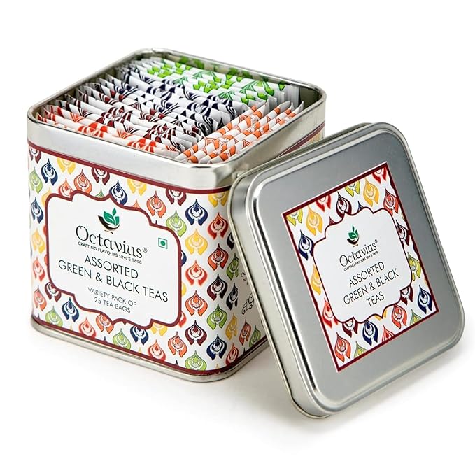 Octavius Tea Variety Pack ??25 Teabags | 6 Assorted Black & Green Teas | Premium Tea Sampler Box | Refreshing & Aromatic | Pack of 1