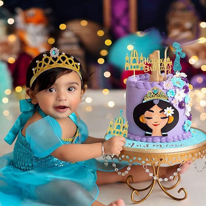 24Pcs Lake Blue Princess Cupcake Topper Glitter Castle Gold Happy Birthday Cupcake Toppers Crown Cake Decorations for Princess Birthday Baby Shower Costume Halloween Party Decor