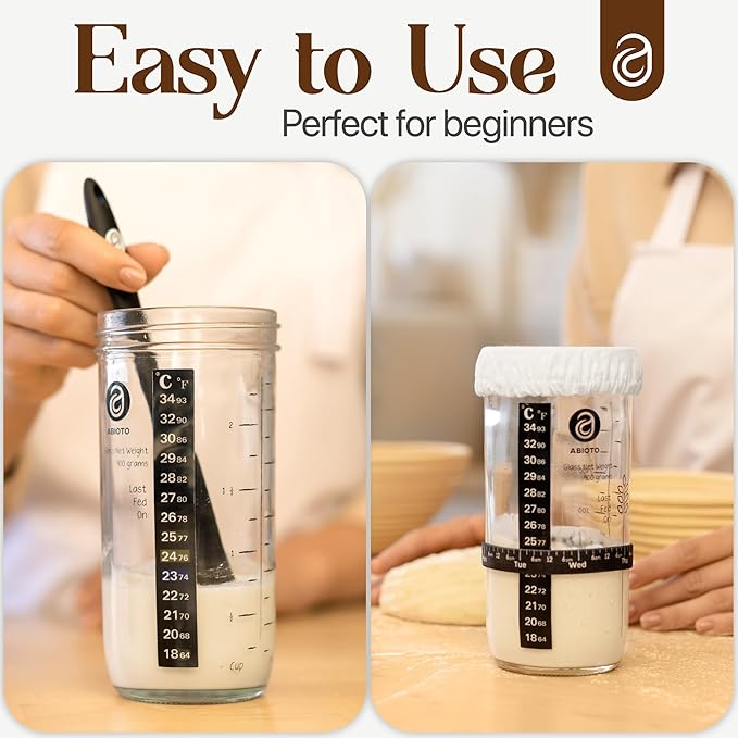 Sourdough Jar Kit, Includes 24 oz Sourdough Starter Jar with Metallic Lid, Silicone Spatula, Feeding Tracker, Extra Thermometer Strips & Breathable Covers ??Sourdough Bread Starter Kit