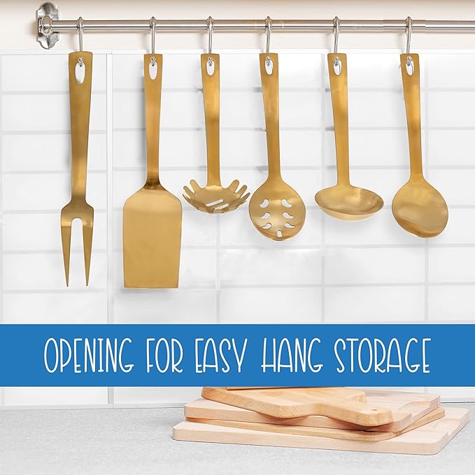 Darware Complete Serving Spoon & Utensil Set (6-Piece Set, Gold); w/Pasta Server, Fork, Spoon, Slotted Spoon, Ladle, & Cake/Casserole Server, SH_2629