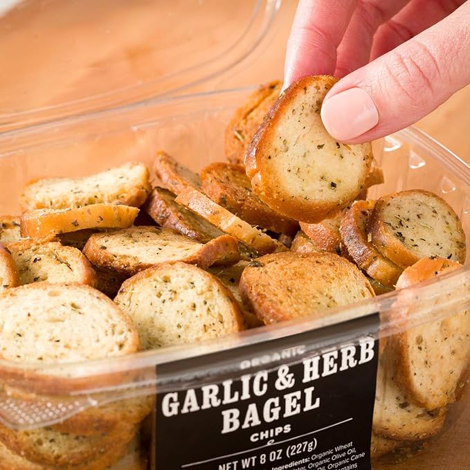 Garlic & Herb Bagel Chips NY Style Bagel Crisps. Organic, Vegan, Kosher. From the artisans of Schwartz Brothers Bakery. Baked Fresh. Twice Baked. 8 ounce container. Great Snack. Delicious. Pack of 4.