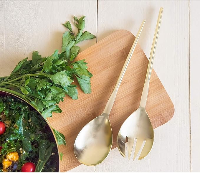 Folkulture Serving Utensils for Modern Serving and Cooking, Stainless Steel Kitchen Salad Servers or Salad Tongs, 12-Inch Serving Spoon and Fork Set for Salad, Gravies or Pasta, Gold/Brass Finish