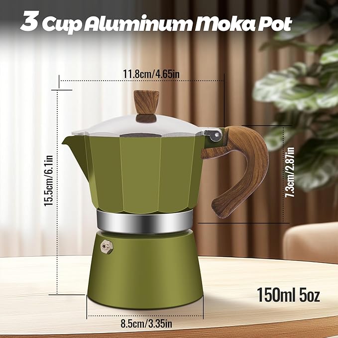 3 Cup Aluminum Moka Pot Classic Stovetop Espresso Coffee Maker 150ml 5oz Coffeemaker Percolator Mocha Pot Greca Coffee Maker Cafe Makers for Italian and Cuban Cafì±?Brewing Green