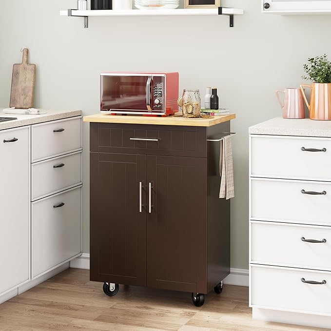 Shintenchi Kitchen Island Cart with Storage,Rolling Kitchen Island Side Table on Wheels with Large Worktop,Storage Cabinet,Towel Rack and Drawers for Kitchen,Dinning Room, Brown