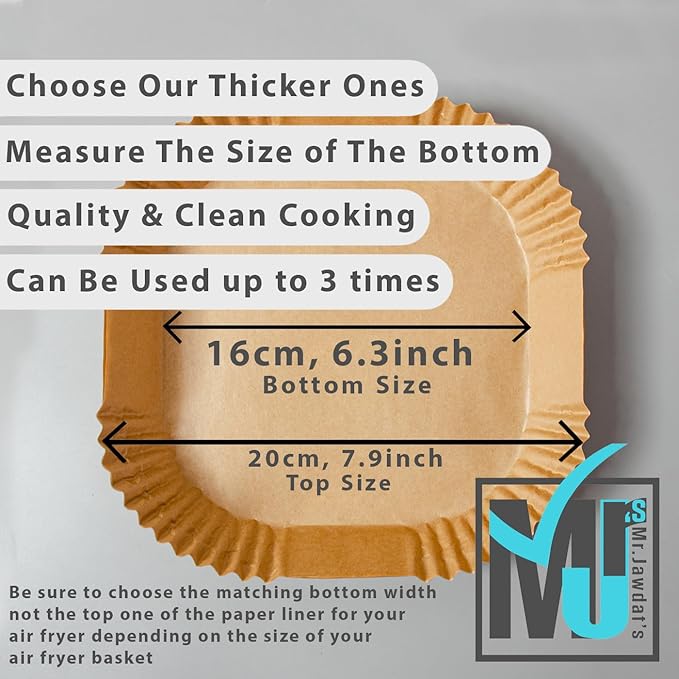 ((Extra Strong)) Air Fryer Disposable Paper Liner 100Pcs, Mr.Jawdat's Strong AirFryer Liners, Non-Stick Liner for Air Fryer and Microwave, Free of Bleach (Square, Bottom Size 6.3inch)