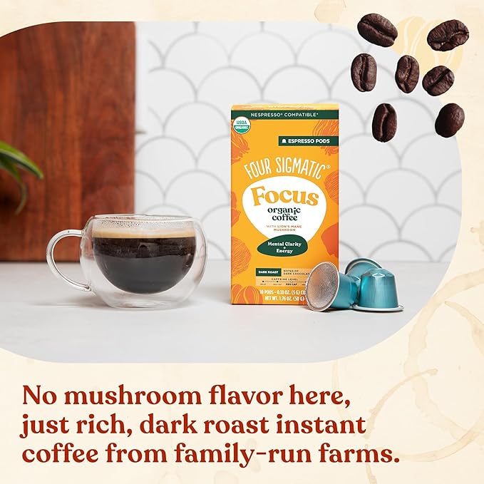 Four Sigmatic Focus Coffee Pods Compatible with Nespresso Original | Organic Dark Roast Espresso with Added Focus | Mushroom Coffee Enhanced with Lion's Mane | Original Dark Roast 10ct